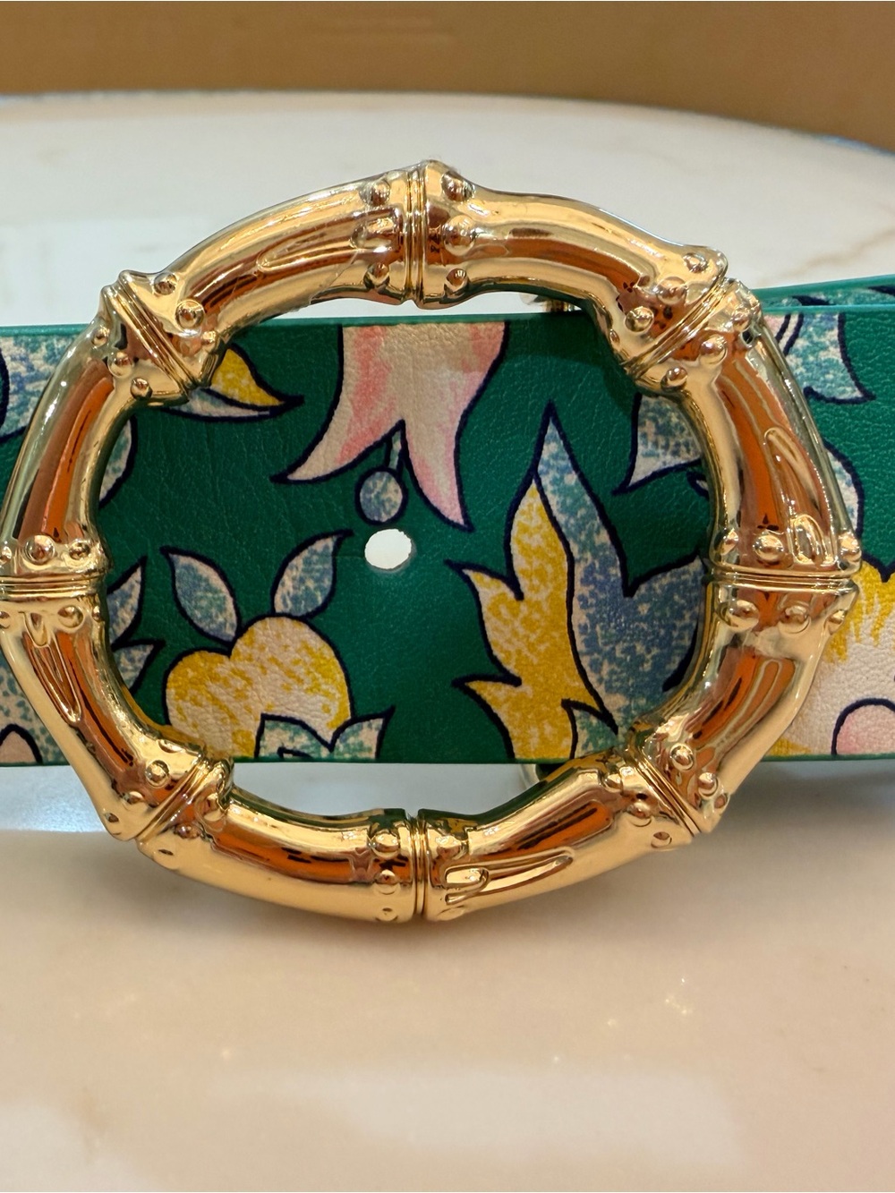 Talbots Green Floral Leather Belt with Gold Bamboo-Style Buckle (XL)